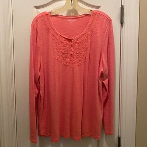 Coldwater Creek Coral L/S Embroidered Top.  Size PXL